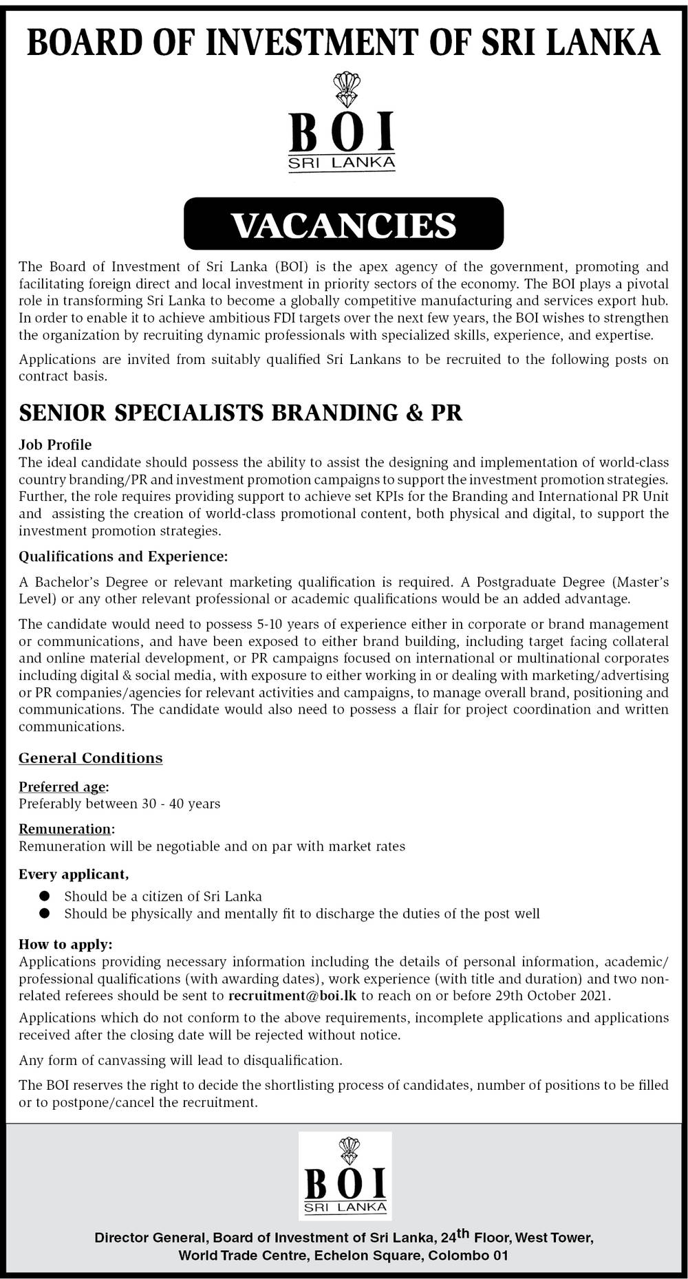 Senior Specialists Jobs in Board of Investment of Sri Lanka English