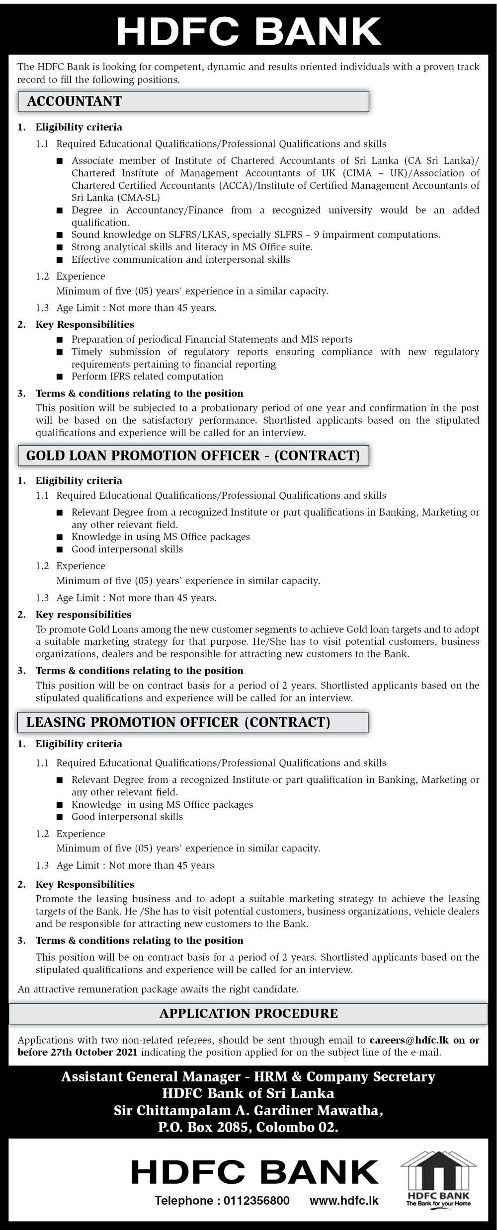 Accountant, Gold Loan Promotion Officer, Leasing Promotion Officer - HDFC Bank English
