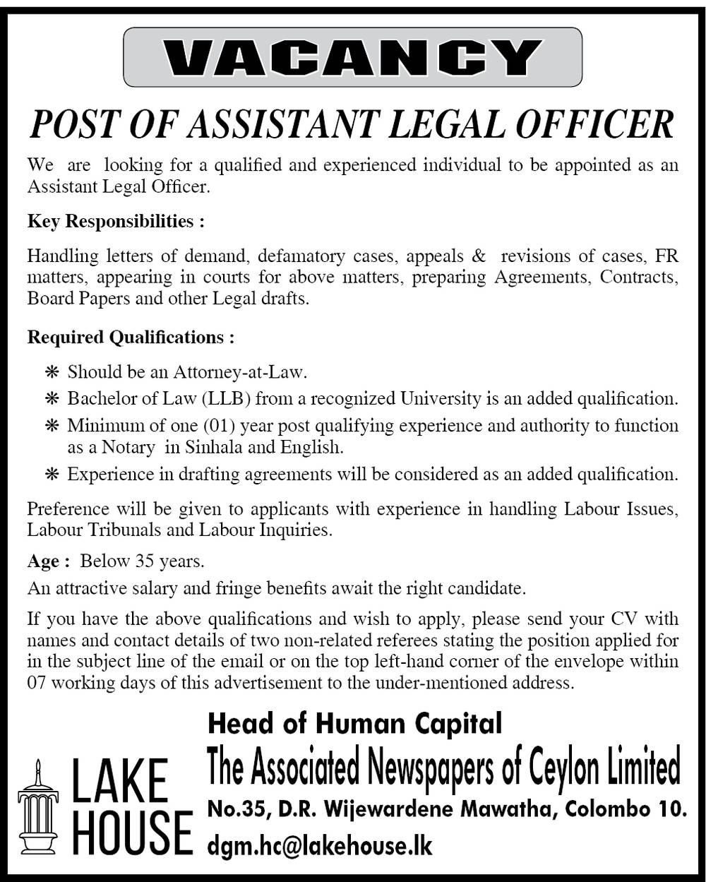 Assistant Legal Officer Jobs in The Associated Newspapers of Ceylon English