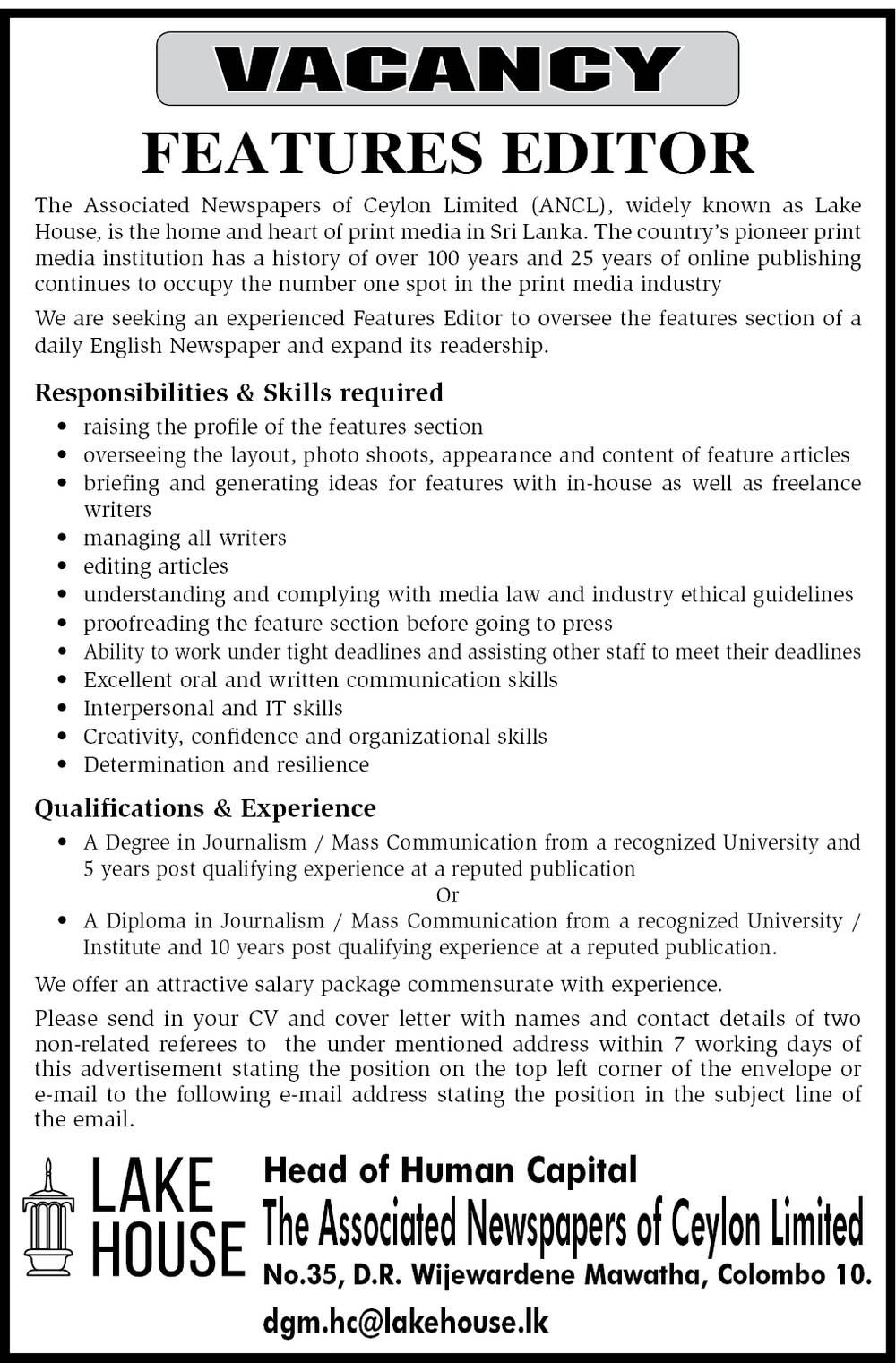 Features Editor Job in The Associated Newspapers of Ceylon English