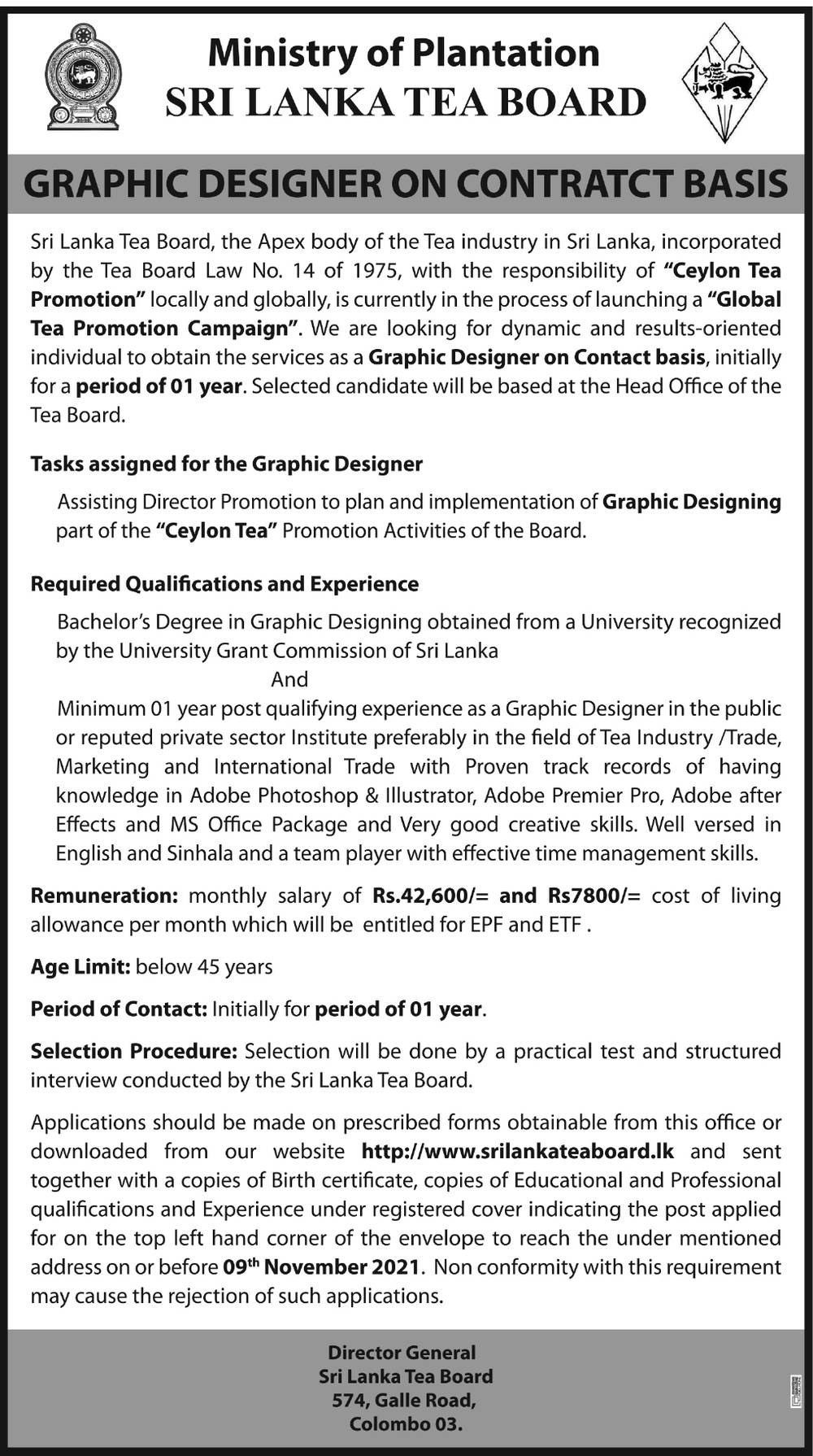 Graphic Designer Job Vacancy in Sri Lanka Tea Board English