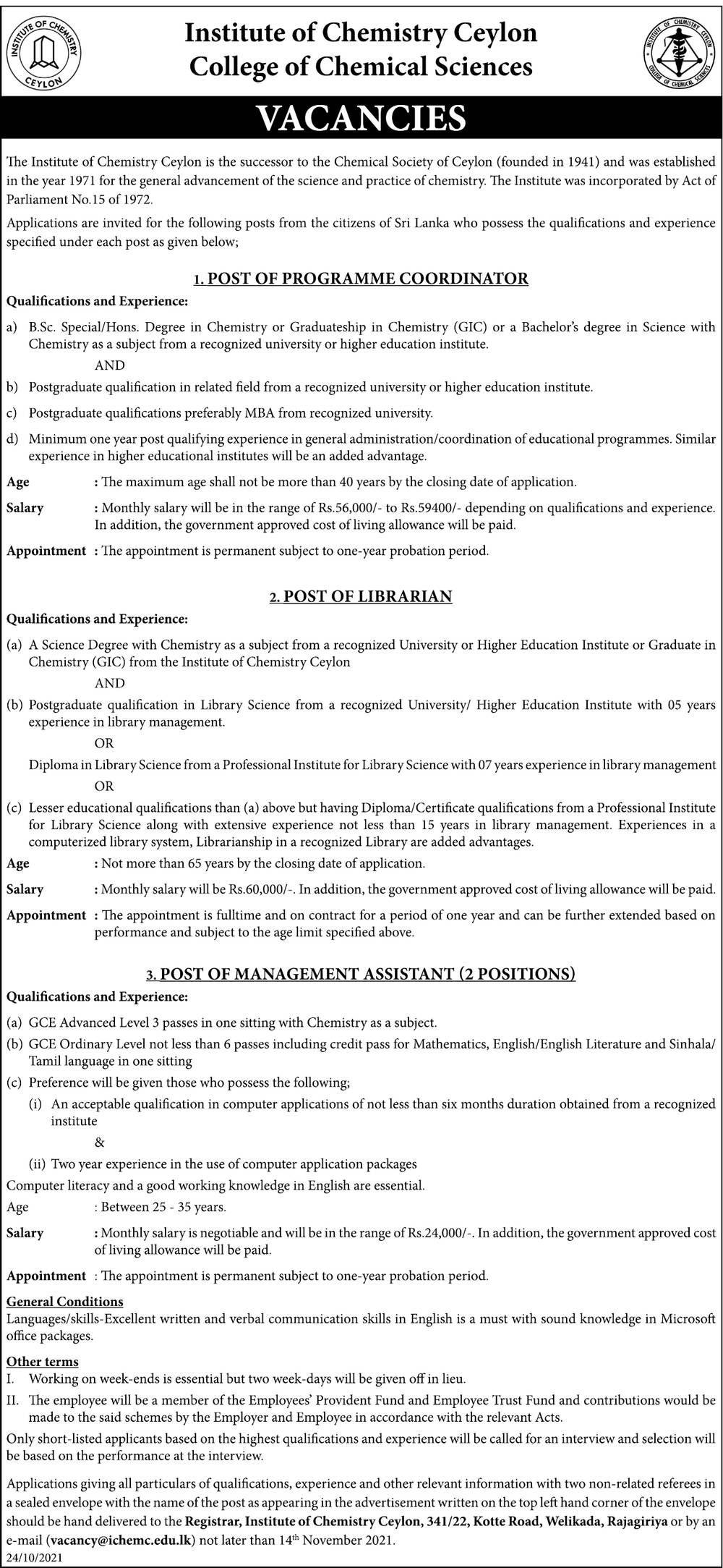 Management Assistant, Programme Coordinator, Librarian - Institute of Chemistry Ceylon English