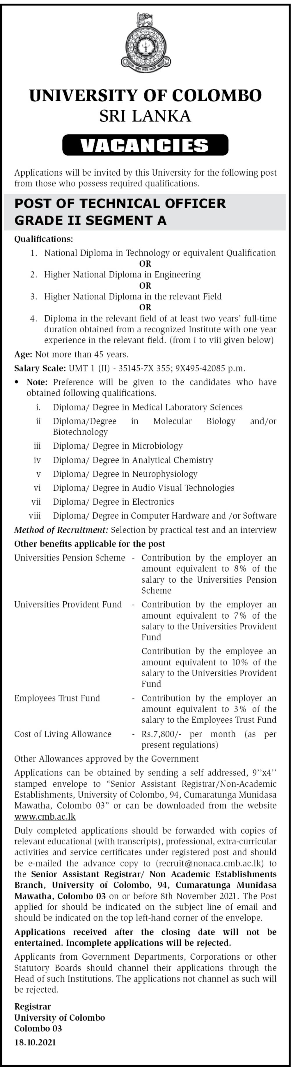 Technical Officer Jobs in University of Colombo English Detail