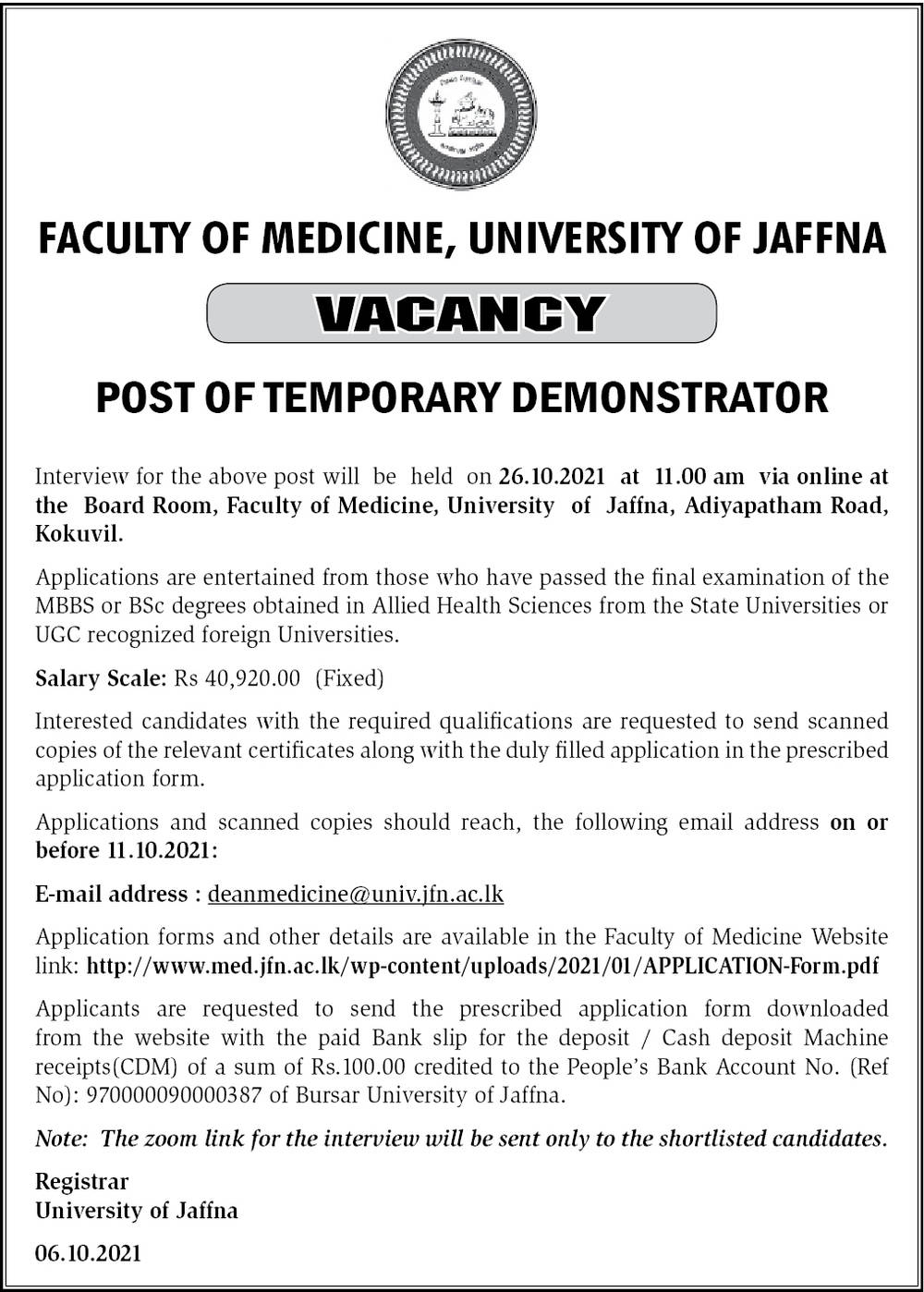 Temporary Demonstrator - Faculty of Medicine - University of Jaffna
