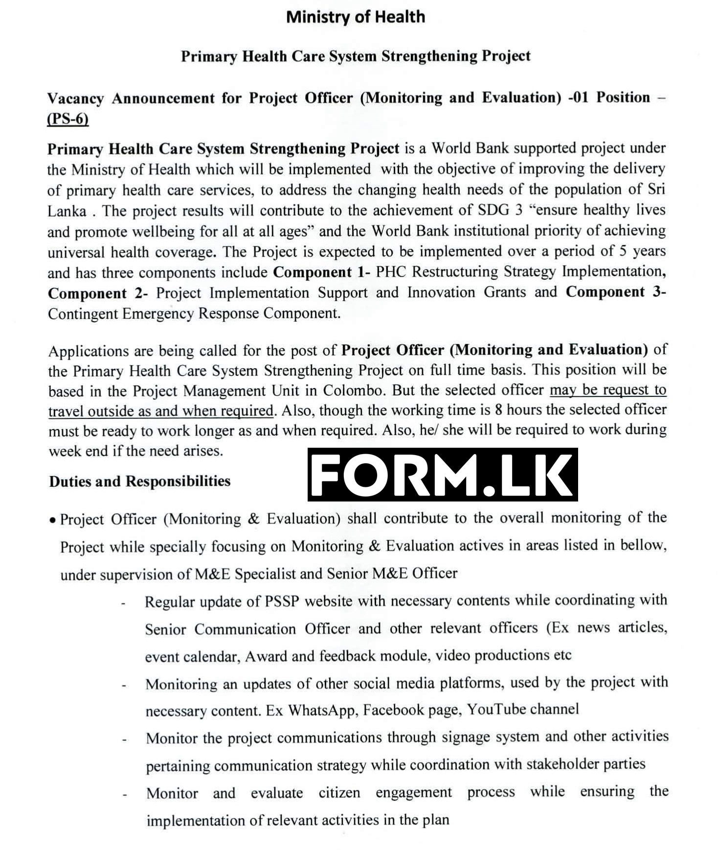 Project Officer (Monitoring & Evaluation) - Ministry of Health Details