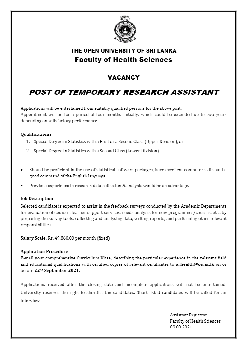 Temporary Research Assistant - The Open University of Sri Lanka