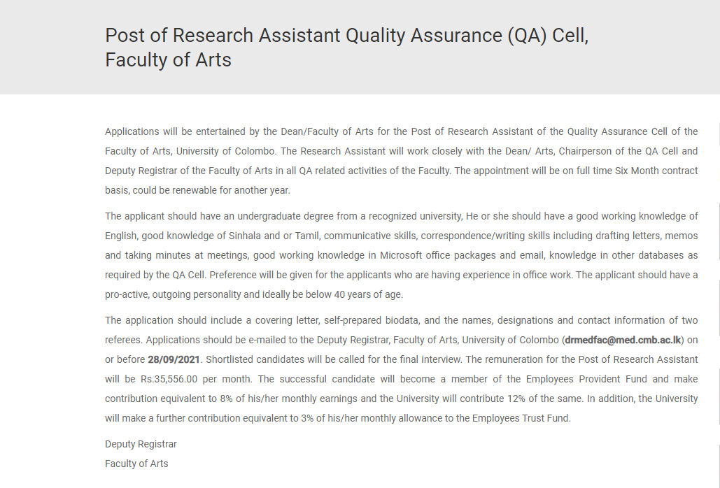 Research Assistant - University of Colombo