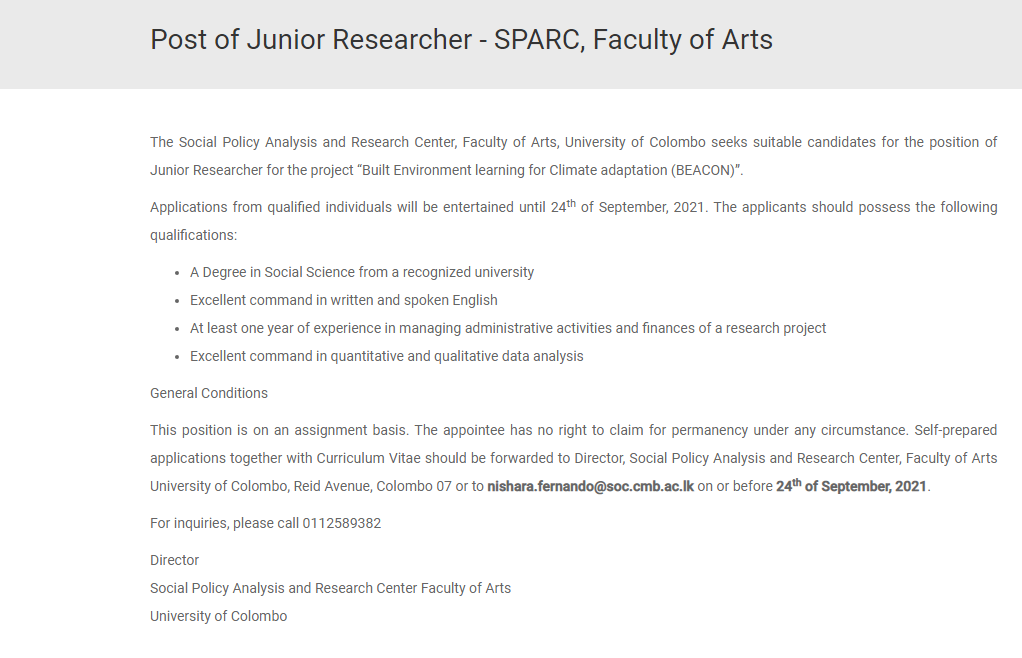Junior Researcher - University of Colombo
