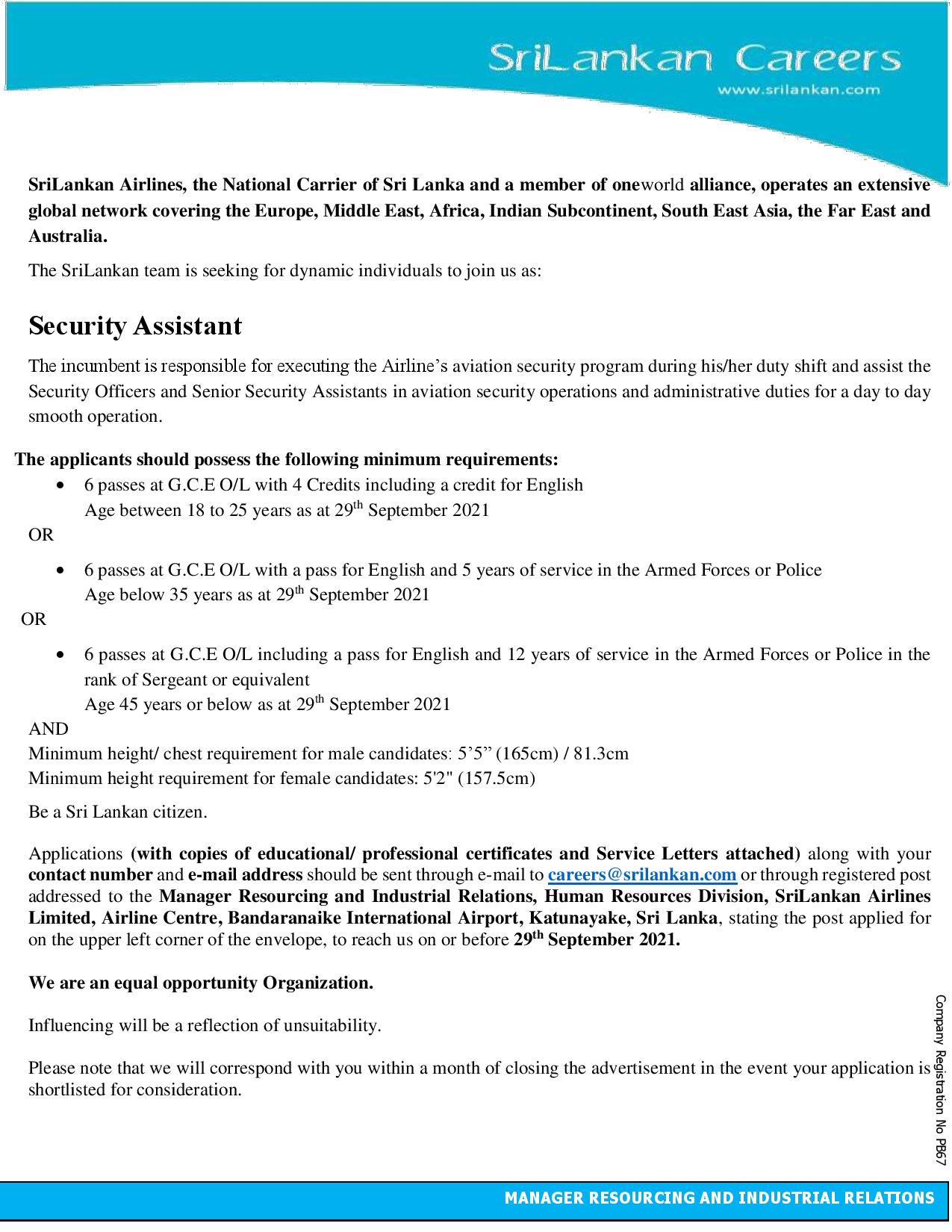 Security Assistant - Sri Lankan Airlines