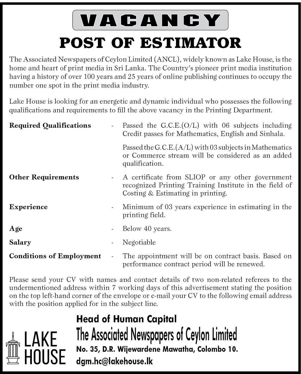 Estimator - The Associated Newspapers of Ceylon Limited