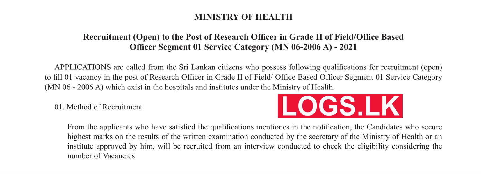 Recruitment (Open) to the Post of Research Officer in Grade II of the Ministry of Health – 2021