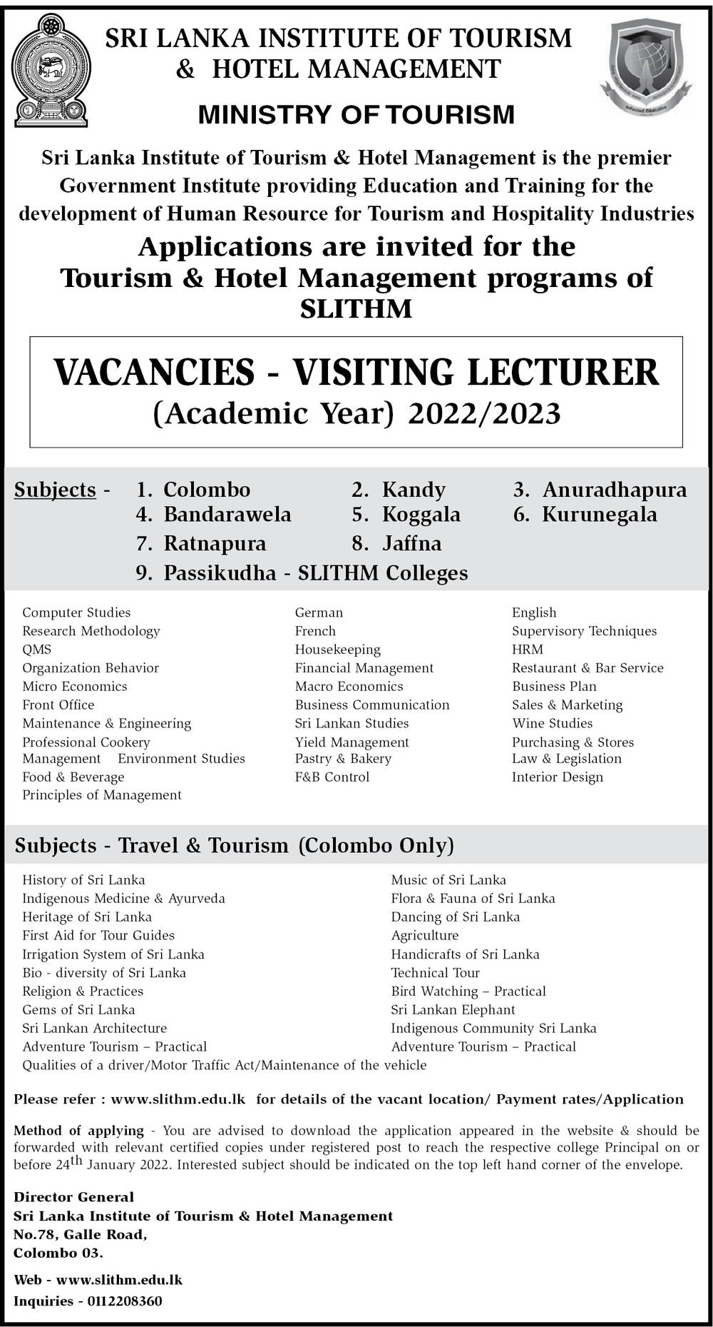 Visiting Lecturer Vacancy in Sri Lanka Institute of Tourism & Hotel Management English Details