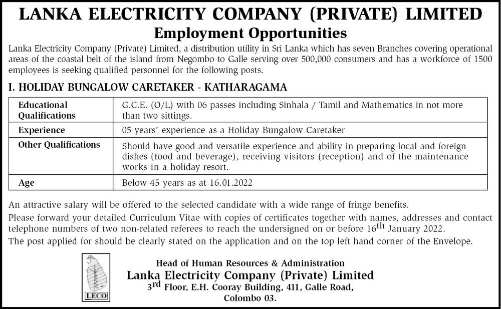 Holiday Bungalow Caretaker Vacancy in Lanka Electricity Company