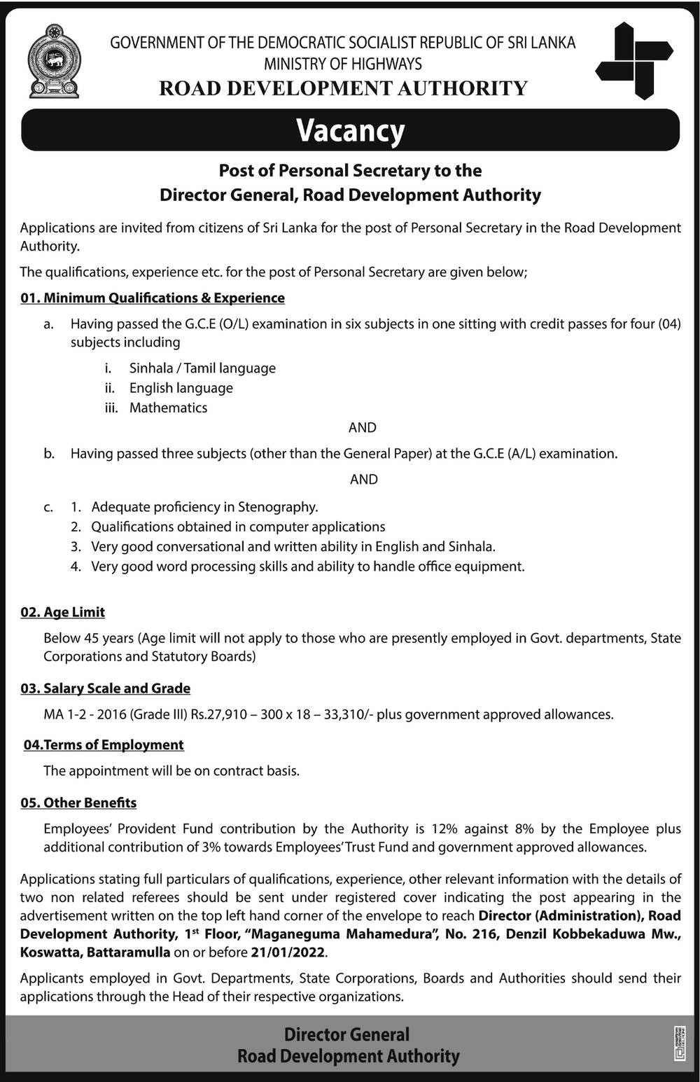 Personal Secretary to the Director General - Road Development Authority