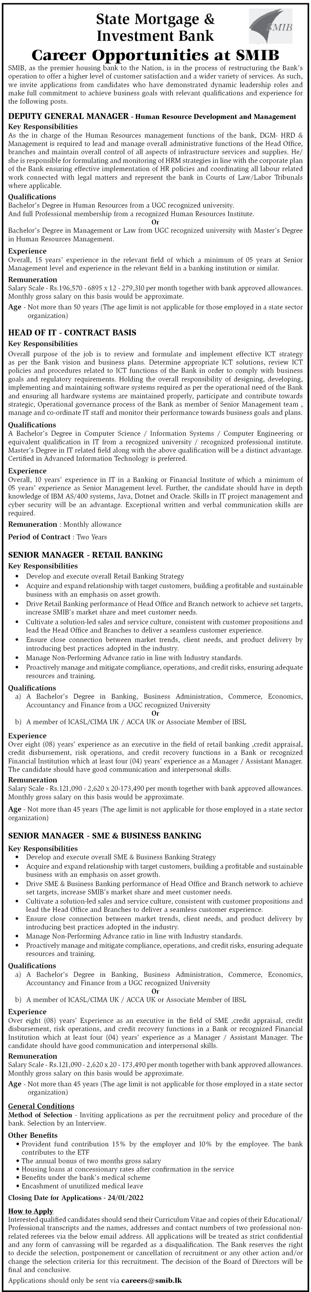 Deputy General Manager, Head of IT, Senior Manager - SMIB Bank