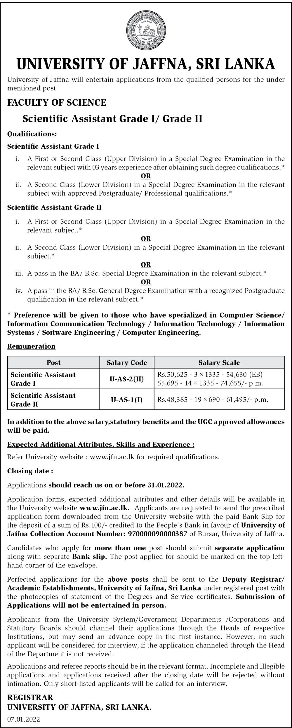 Scientific Assistant Job Vacancy in University of Jaffna English Details