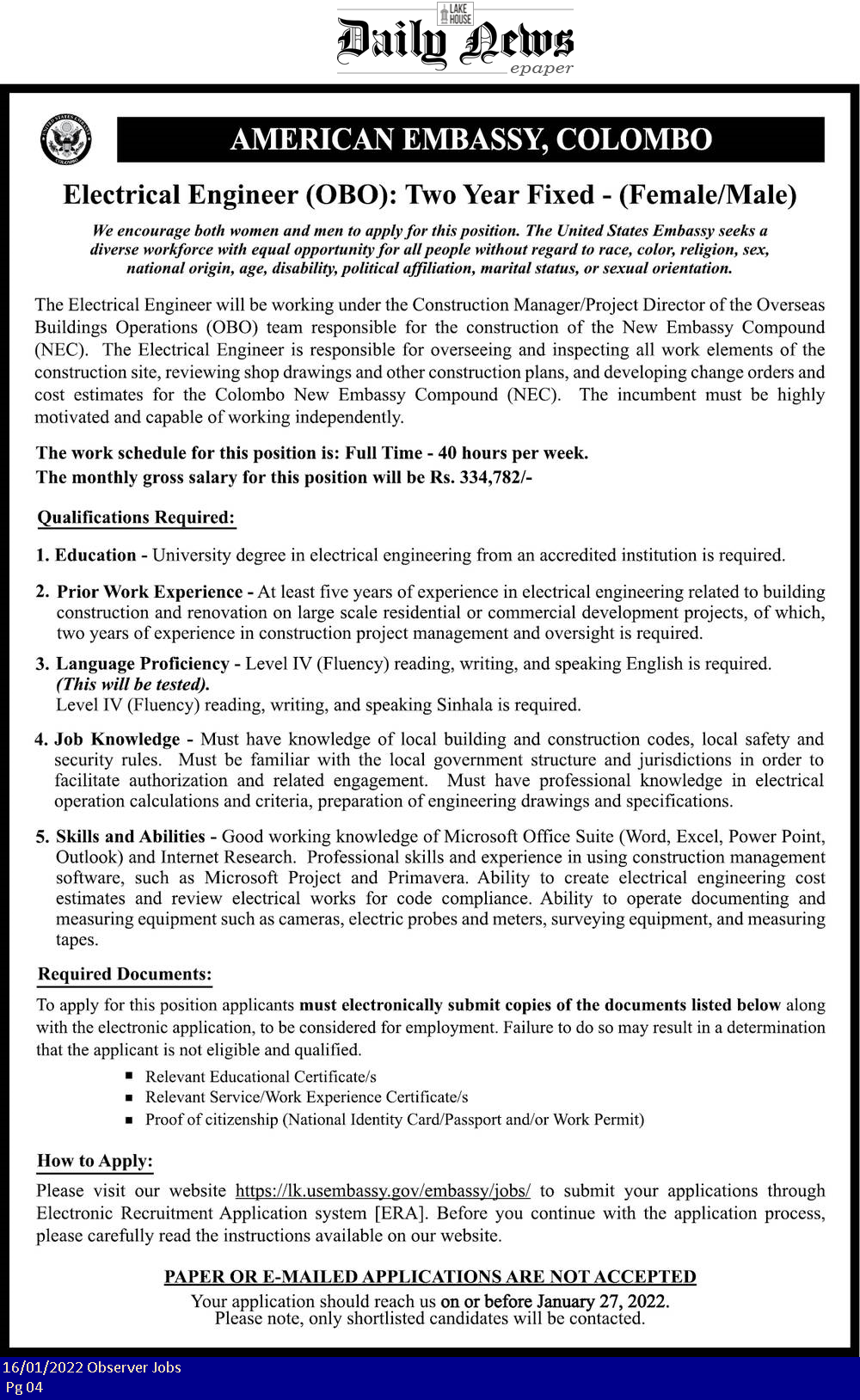 Electrical Engineer Job Vacancy in American Embassy English