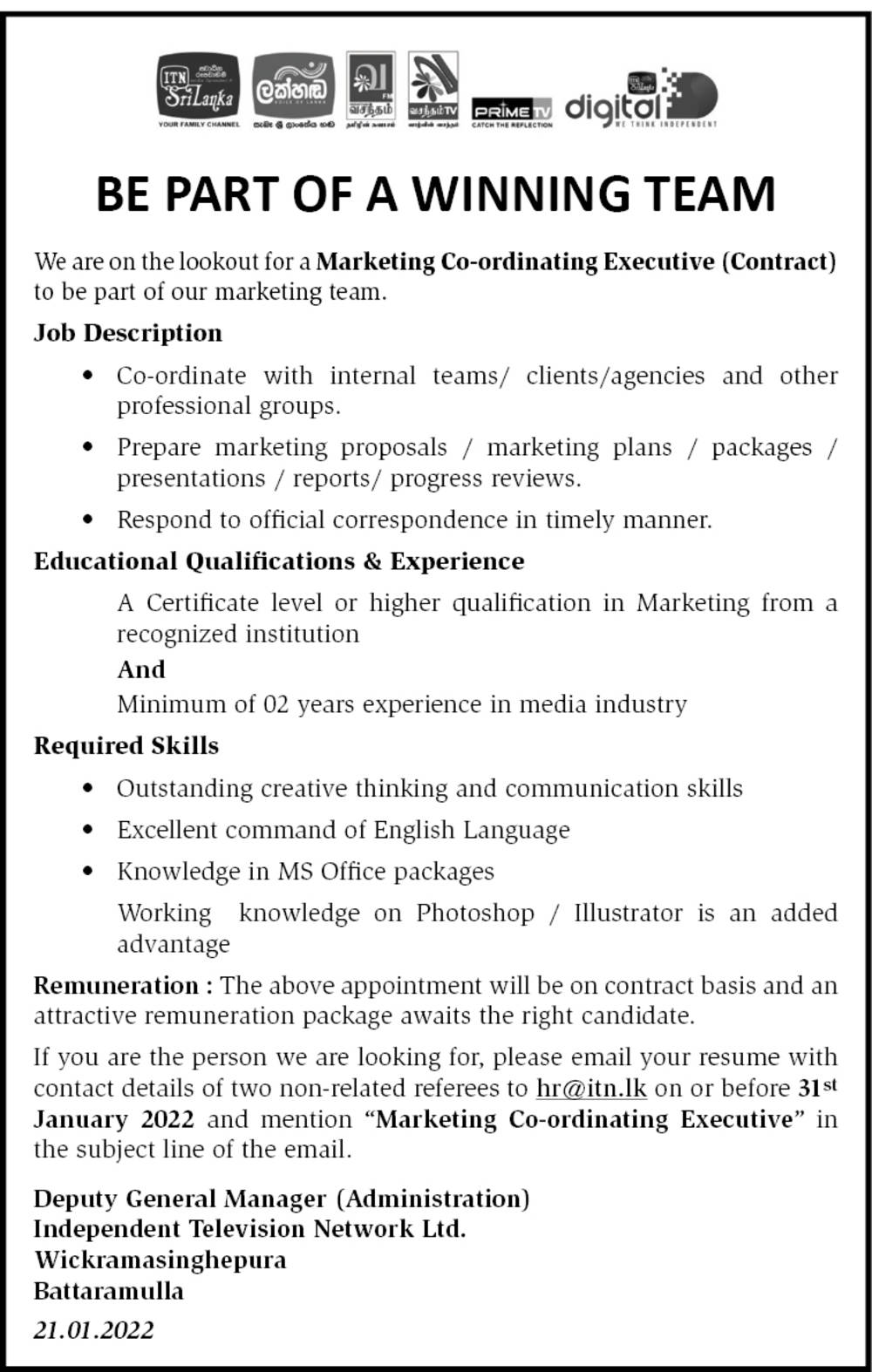 Marketing Coordinating Executive Jobs in ITN TV English