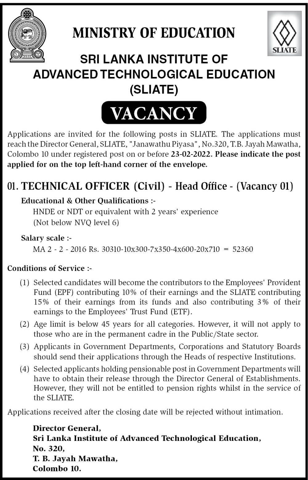 Technical Officer (Civil) Job Vacancy in SLIATE English Details