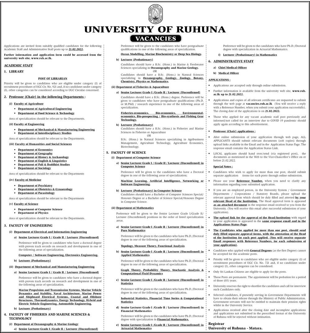 Librarian, Professor, Senior Lecturer, Lecturer, Medical Officer - University of Ruhuna English Details
