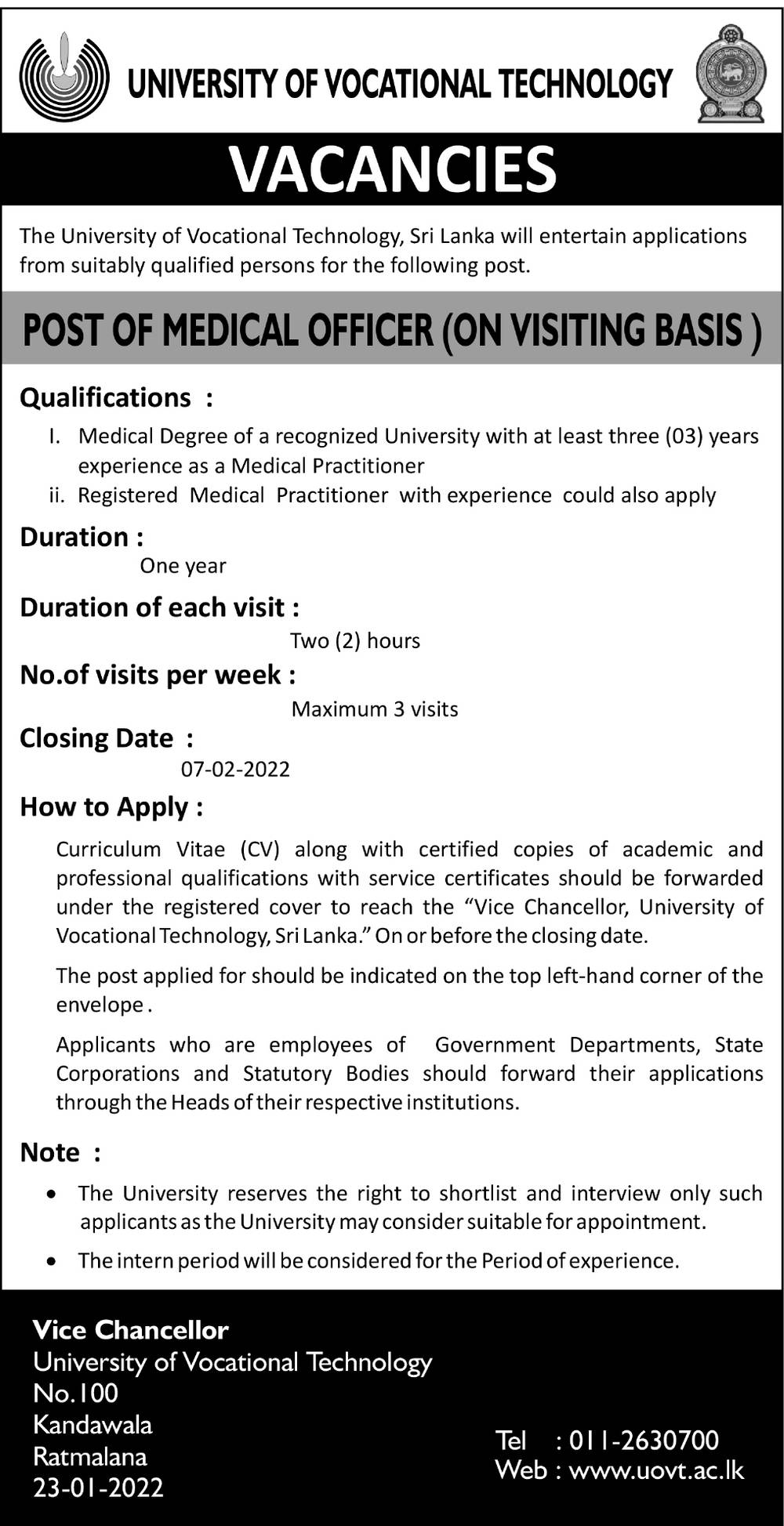 University of Vocational Technology Medical Officer Jobs Vacancies Details English
