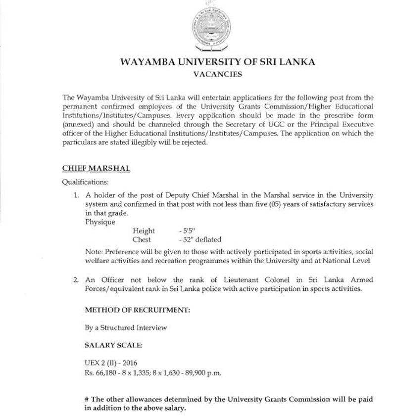 Chief Marshal Job Vacancy in Wayamba University English Details