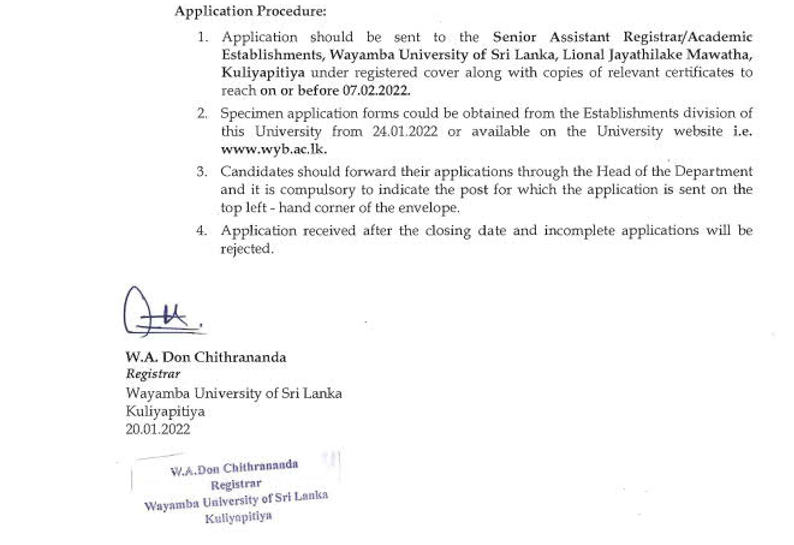 Chief Marshal Job Vacancy in Wayamba University English Details