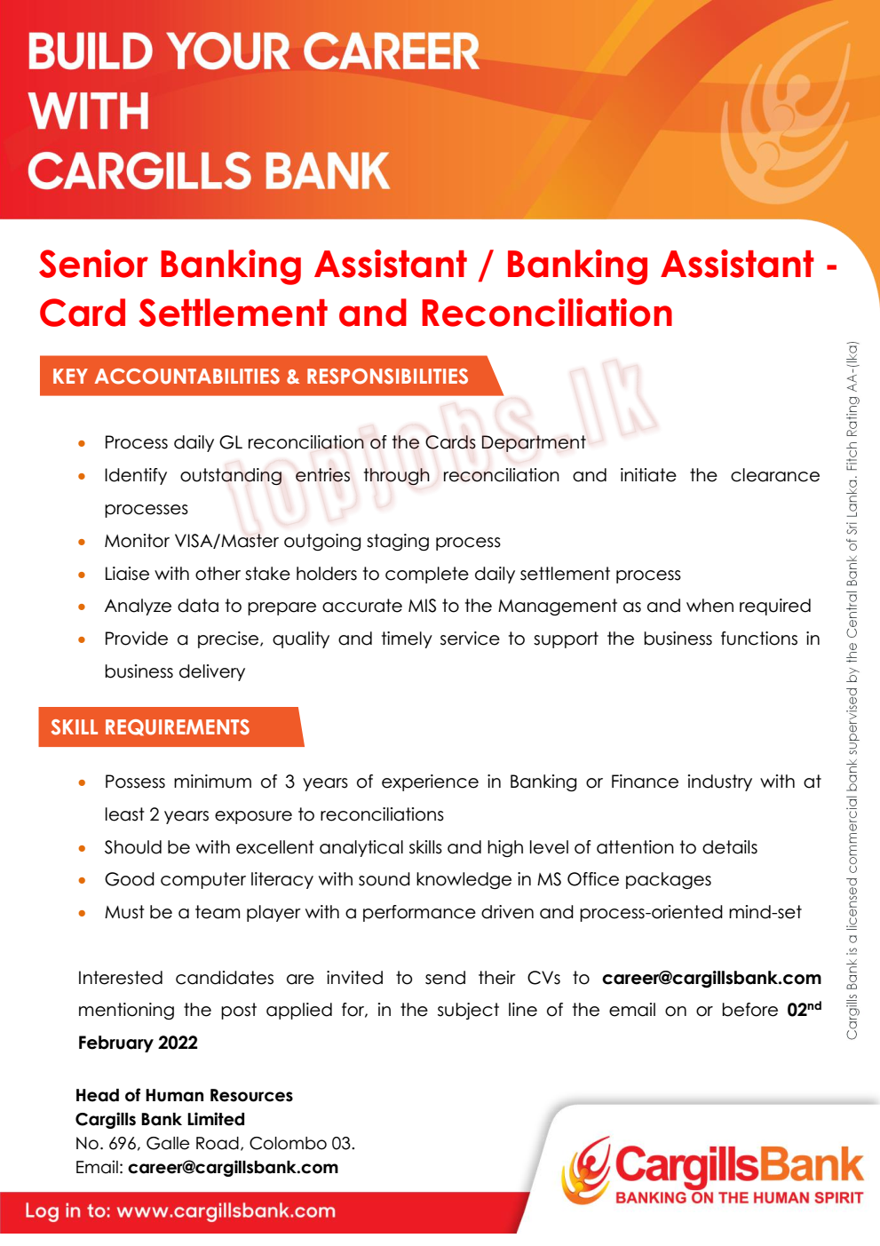Senior Banking Assistant Banking Assistant Job Vacancy in Cargills Bank English Details