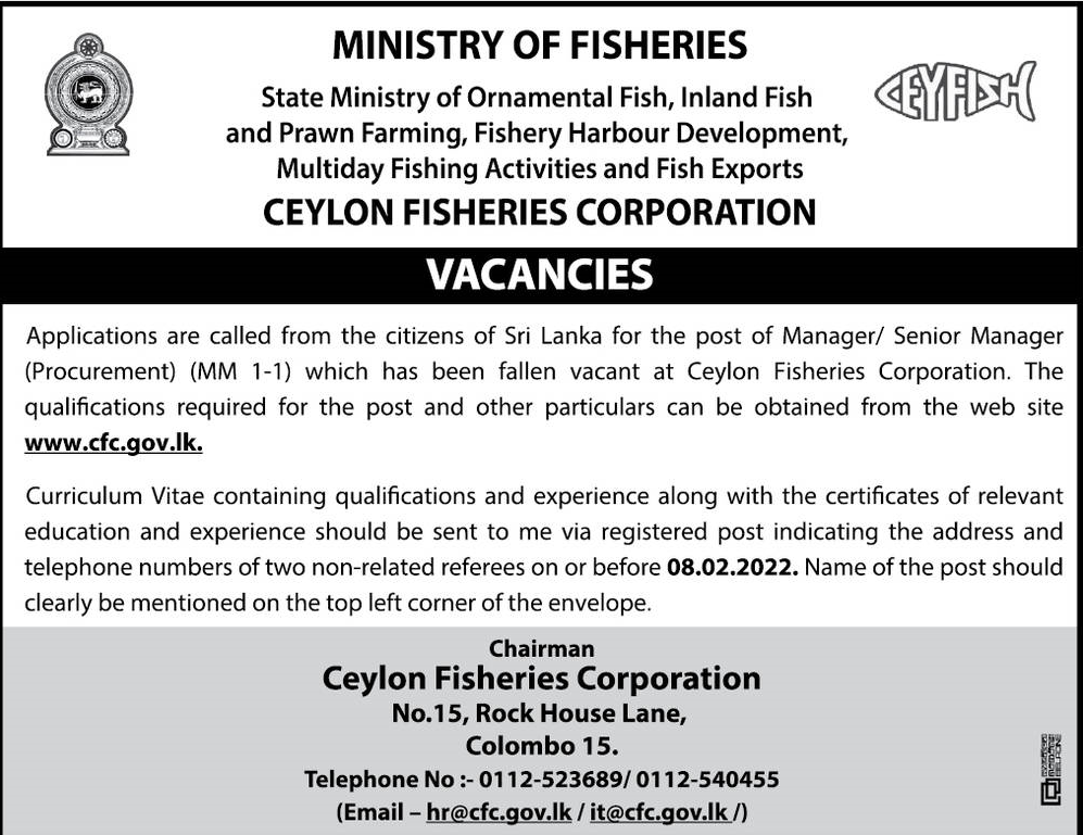 Manager, Senior Manager Job Vacancy in Ministry of Fisheries English Details