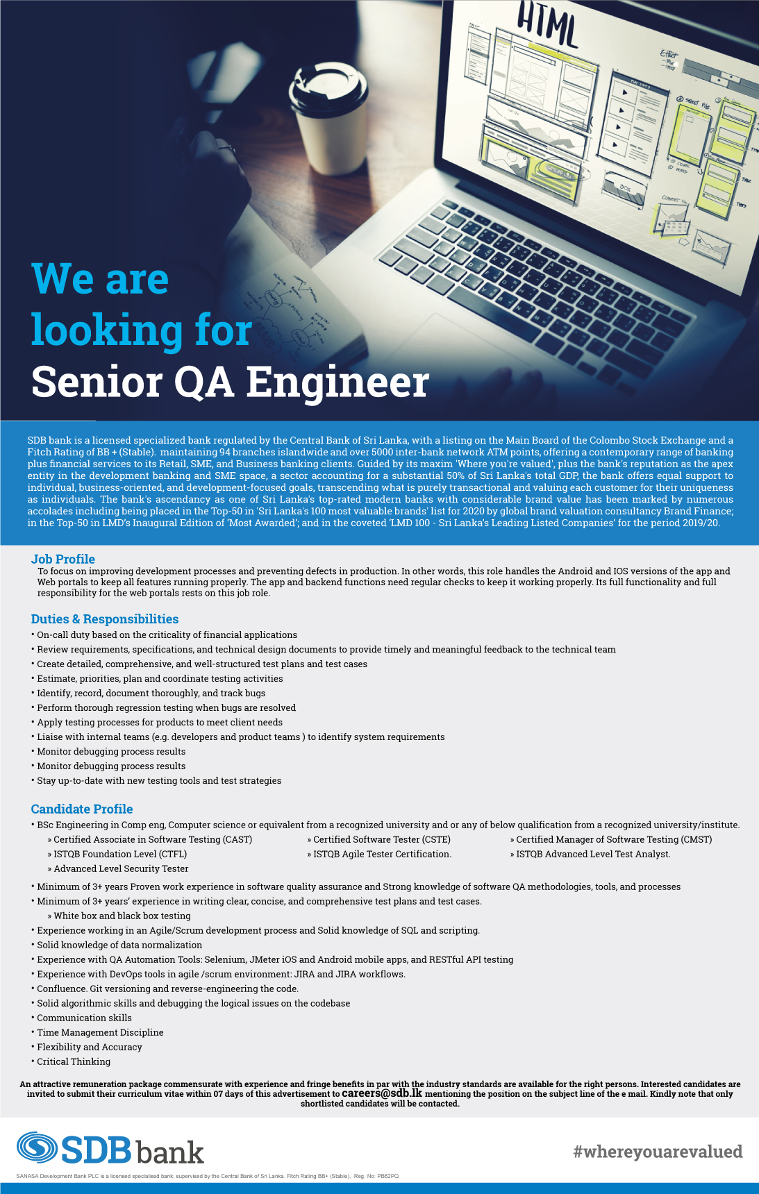 Senior QA Engineer Job Vacancy in Sanasa Development Bank English Details
