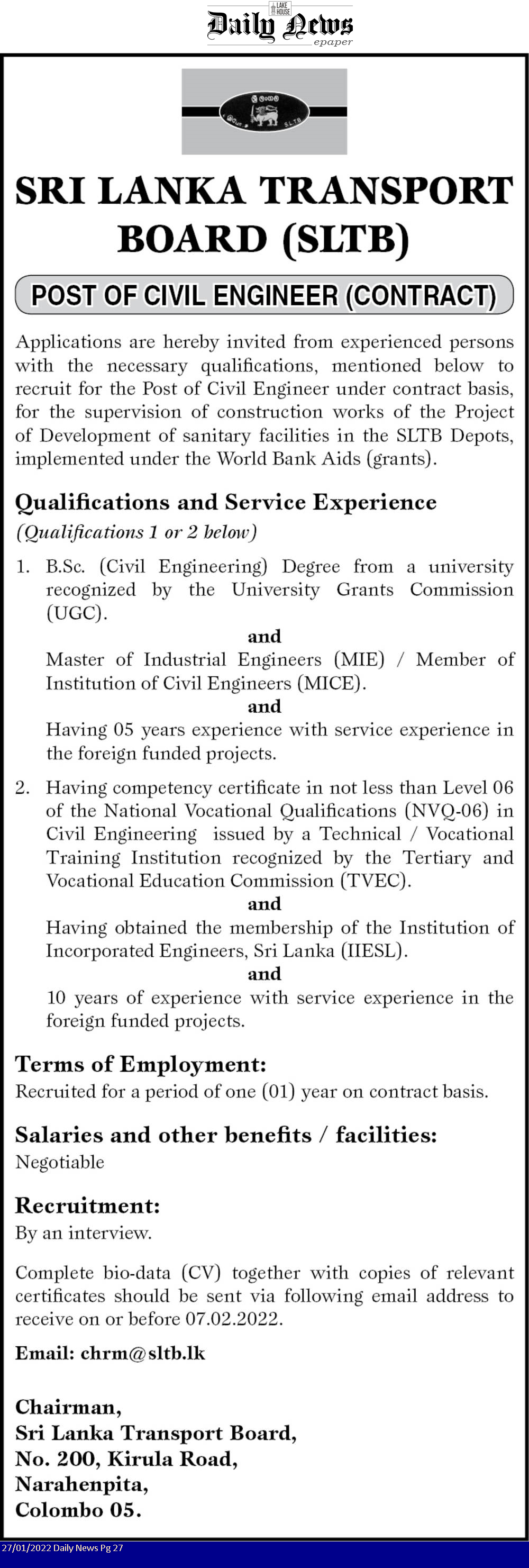 Civil Engineer Job Vacancy in SLTB English Details