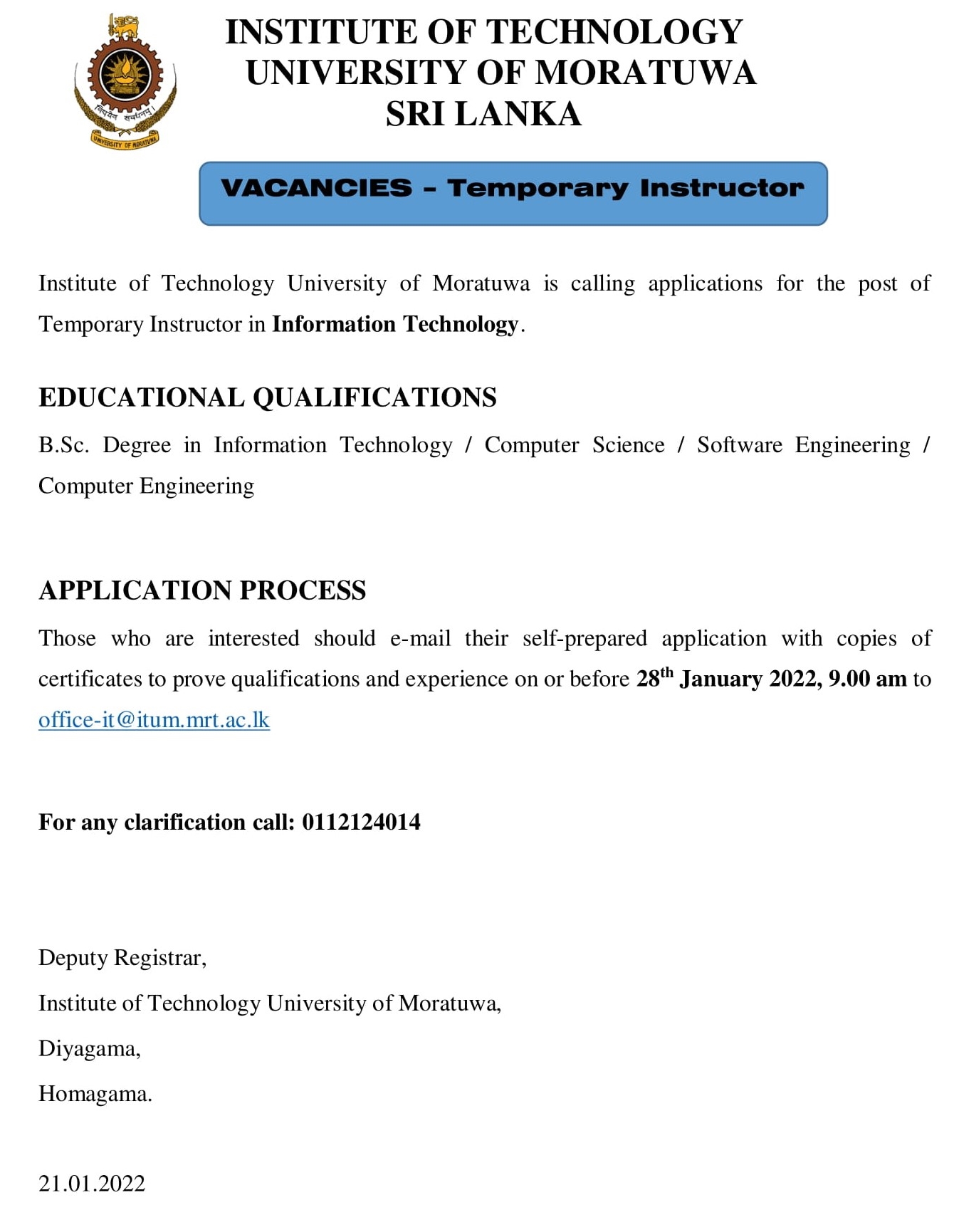Instructor - Institute of Technology - University of Moratuwa English Details