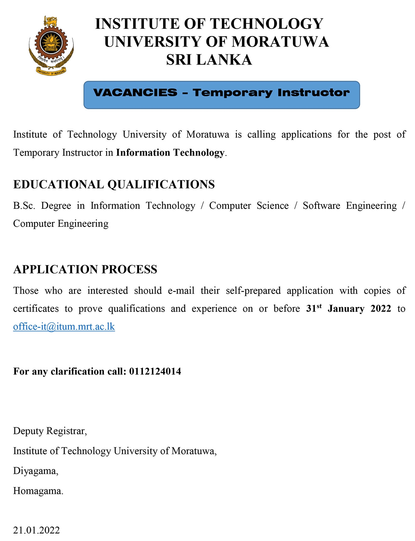 Temporary IT Instructor Job Vacancy in University of Moratuwa Details & Applications Forms