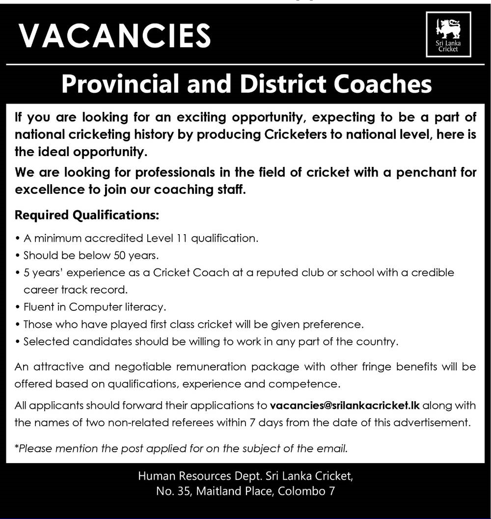 Coach Job Vacancy in Sri Lanka Cricket English Details