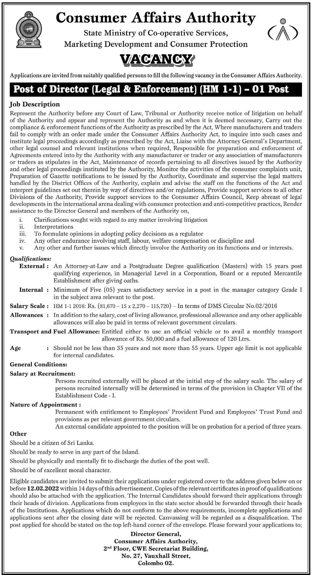 Director Job Vacancy in Consumer Affairs Authority English Details