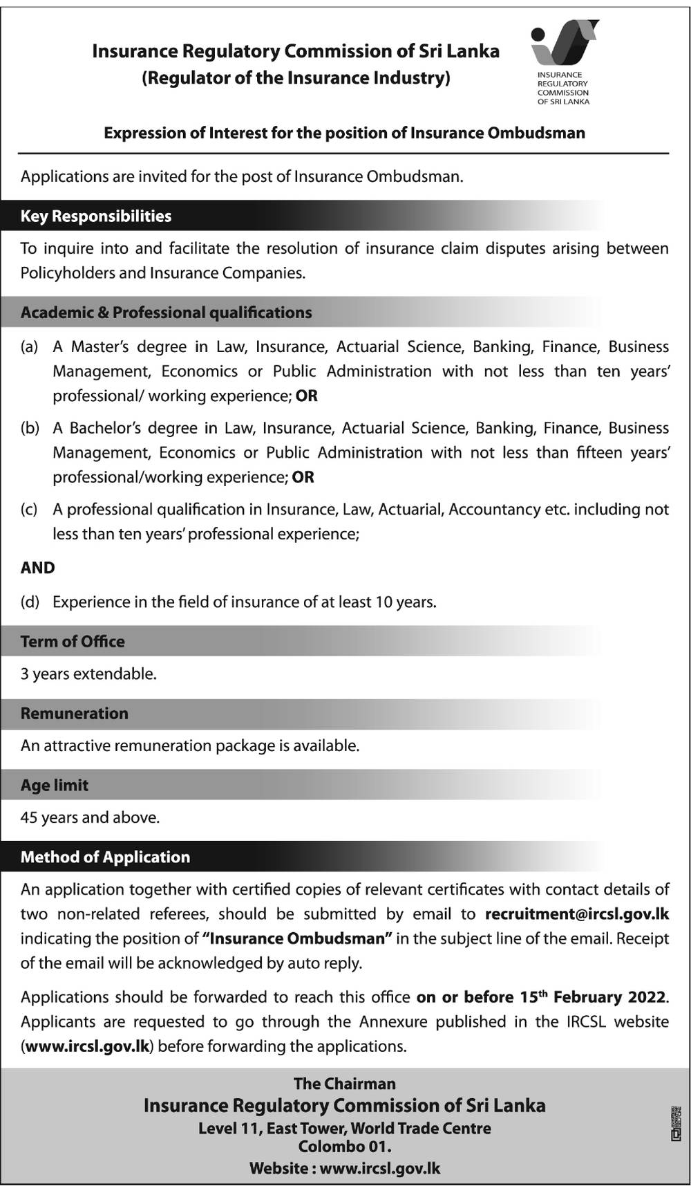 Insurance Ombudsman Vacancy in Insurance Regulation Commission Details