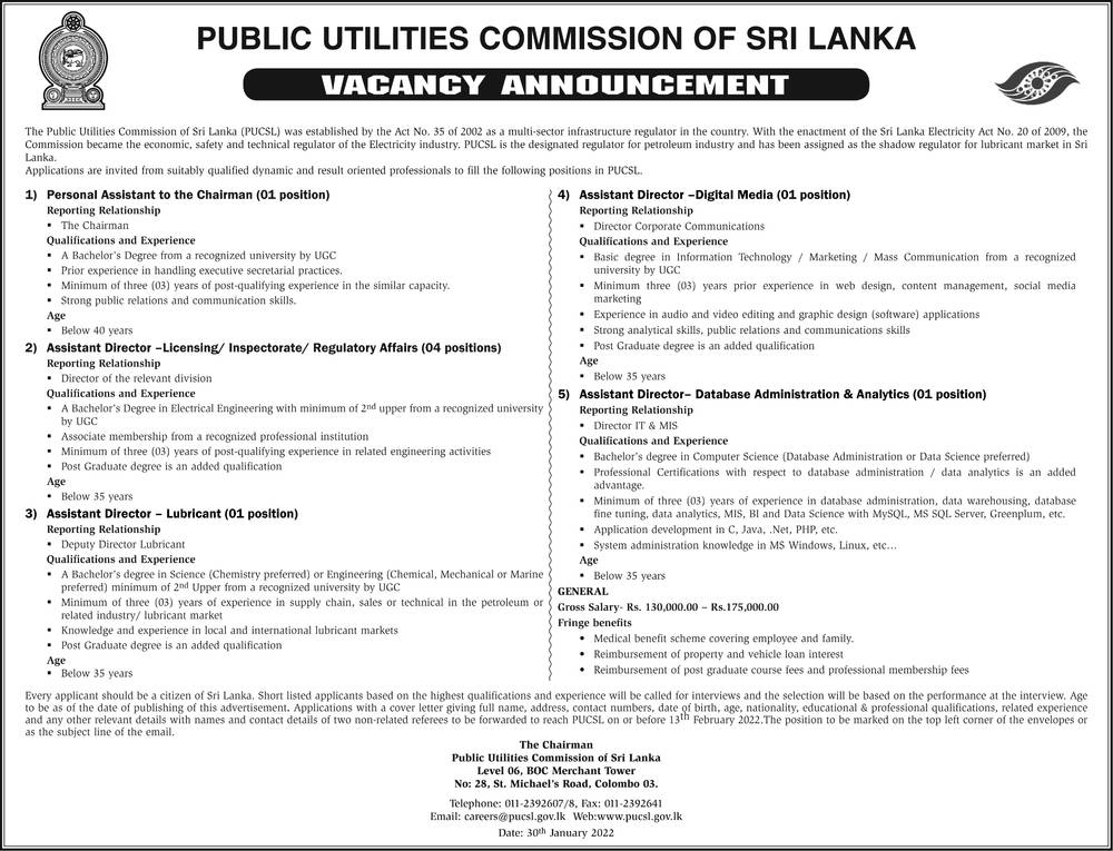 Personal Assistant & Assistant Director Vacancy in Public Utilities Commission English