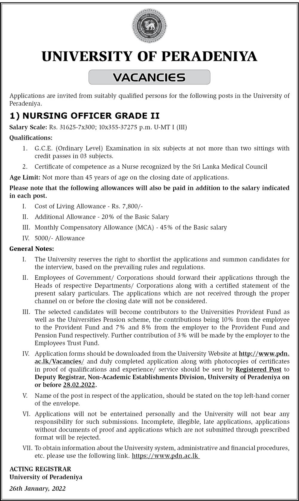 Nursing Officer Job Vacancy in University of Peradeniya English