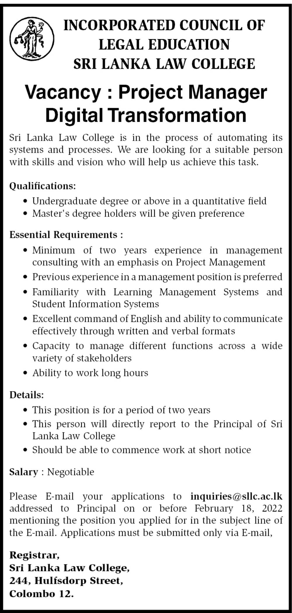 Project Manager Job Vacancy Sri Lanka Law College