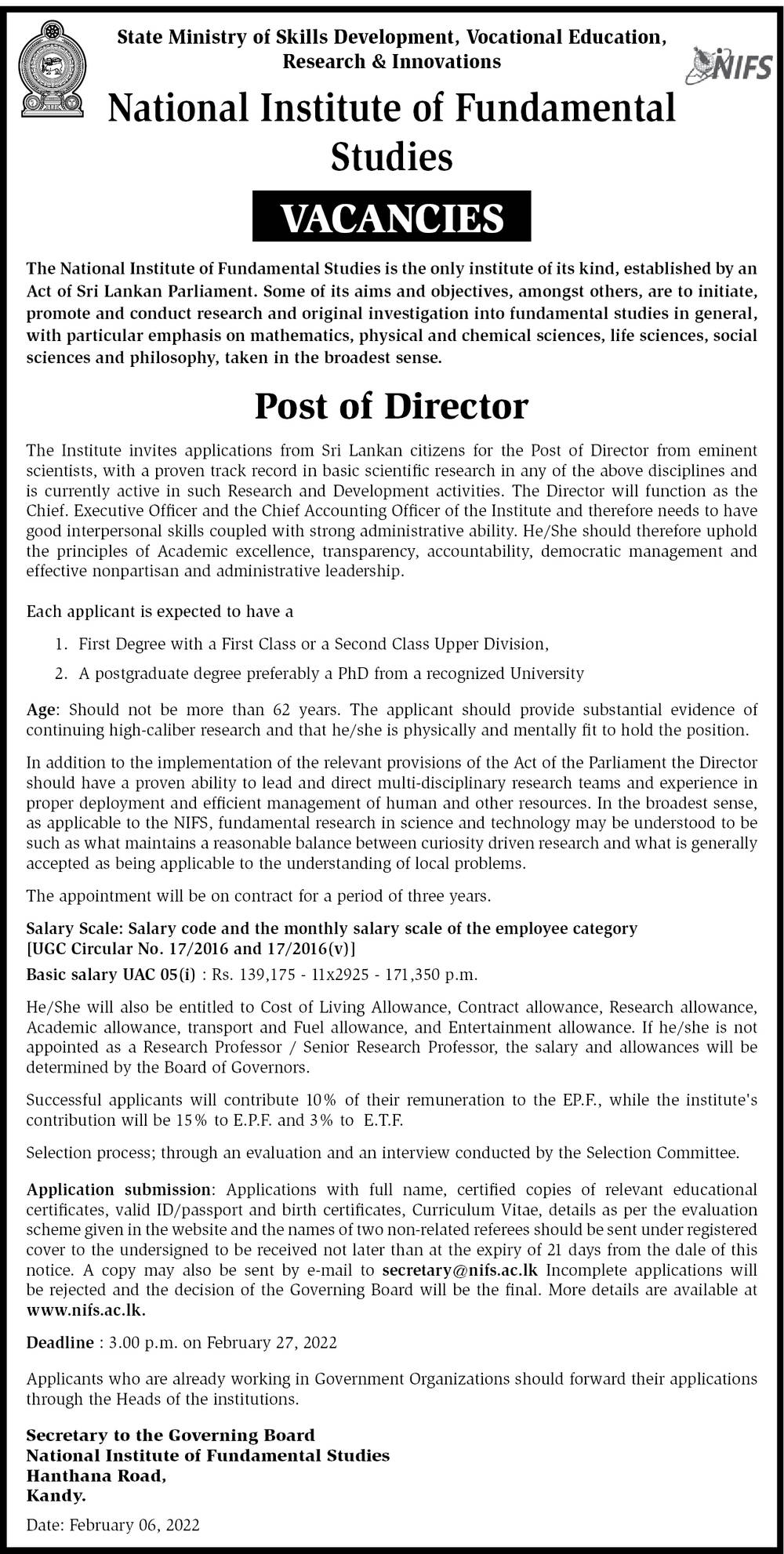 Director Vacancy in National Institute of Fundamental Studies