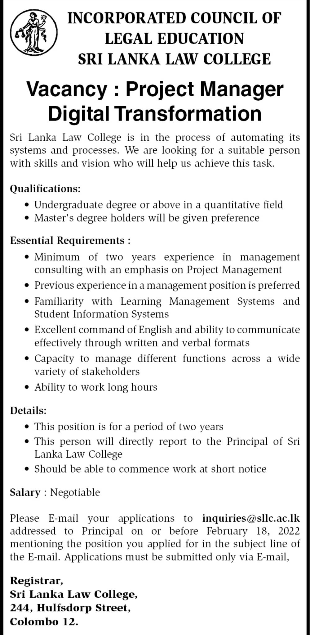Project Manager Job Vacancy in Sri Lanka Law College