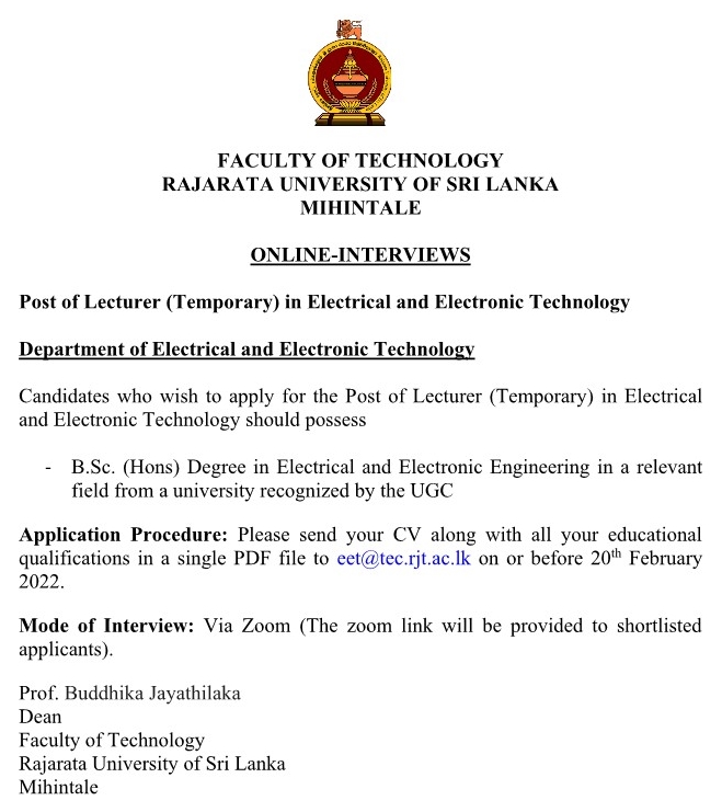 Lecturer Jobs in Electrical and Electronic Technology Rajarata University