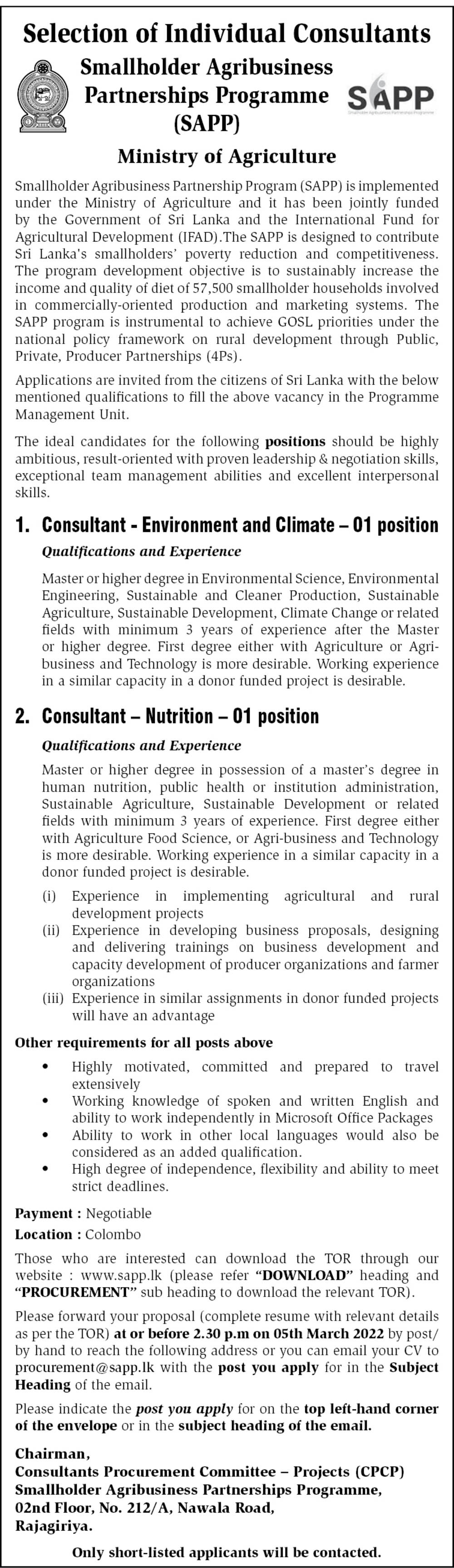 Consultant (Environment & Climate, Nutrition) Vacancies in Ministry of Agriculture