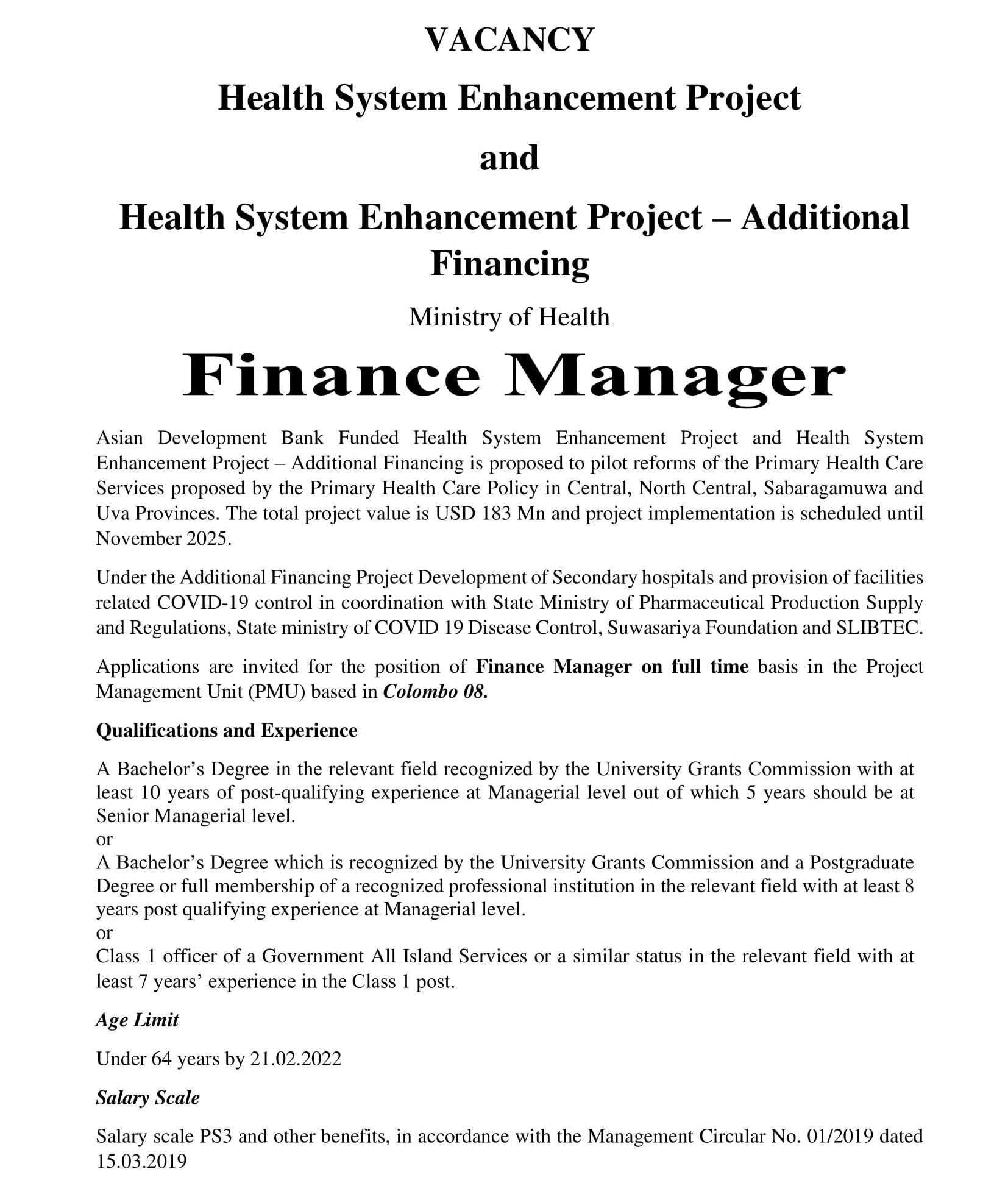 Finance Manager Vacancy at Ministry of Health in Central Province