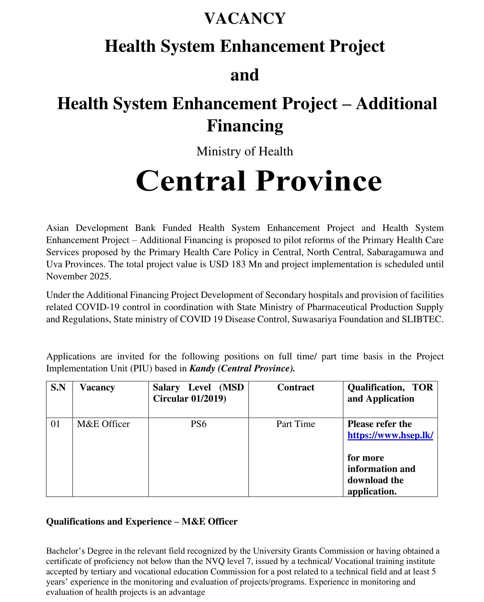 Monitoring & Evaluation Officer / Project Secretary / Project Officer Vacancies in Ministry of Health - Central Province