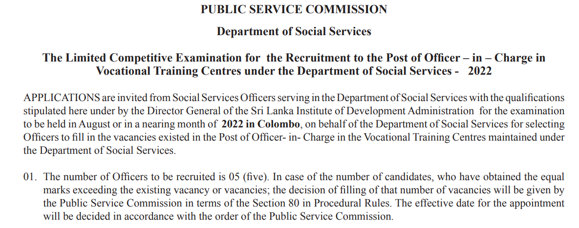 The Limited Competitive Examination for the Recruitment to the Post of Officer – in – Charge in Vocational Training Centres under the Department of Social Services - 2022