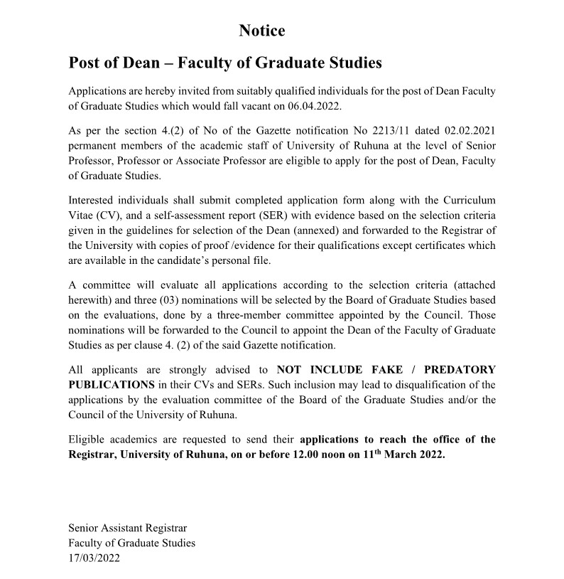 Dean Vacancy in University of Ruhuna