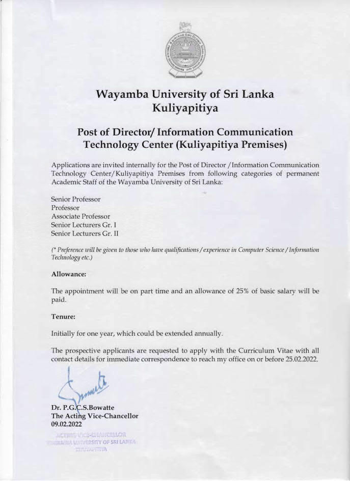 Director Job Vacancy in Wayamba University