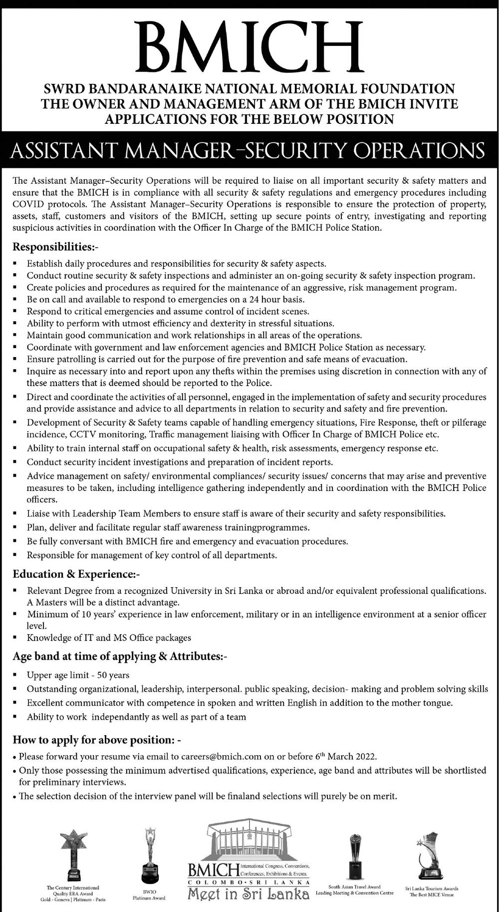 Assistant Manager – Bandaranaike Memorial International Conference Hall