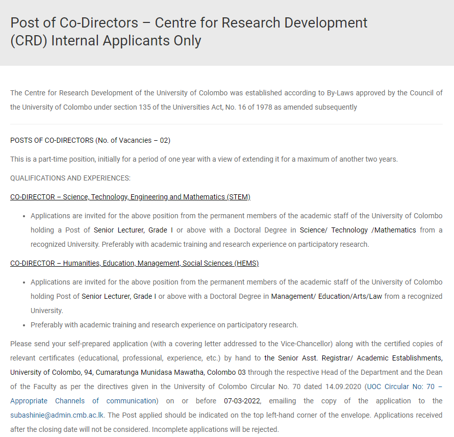 Co-Director Job Vacancy in University of Colombo